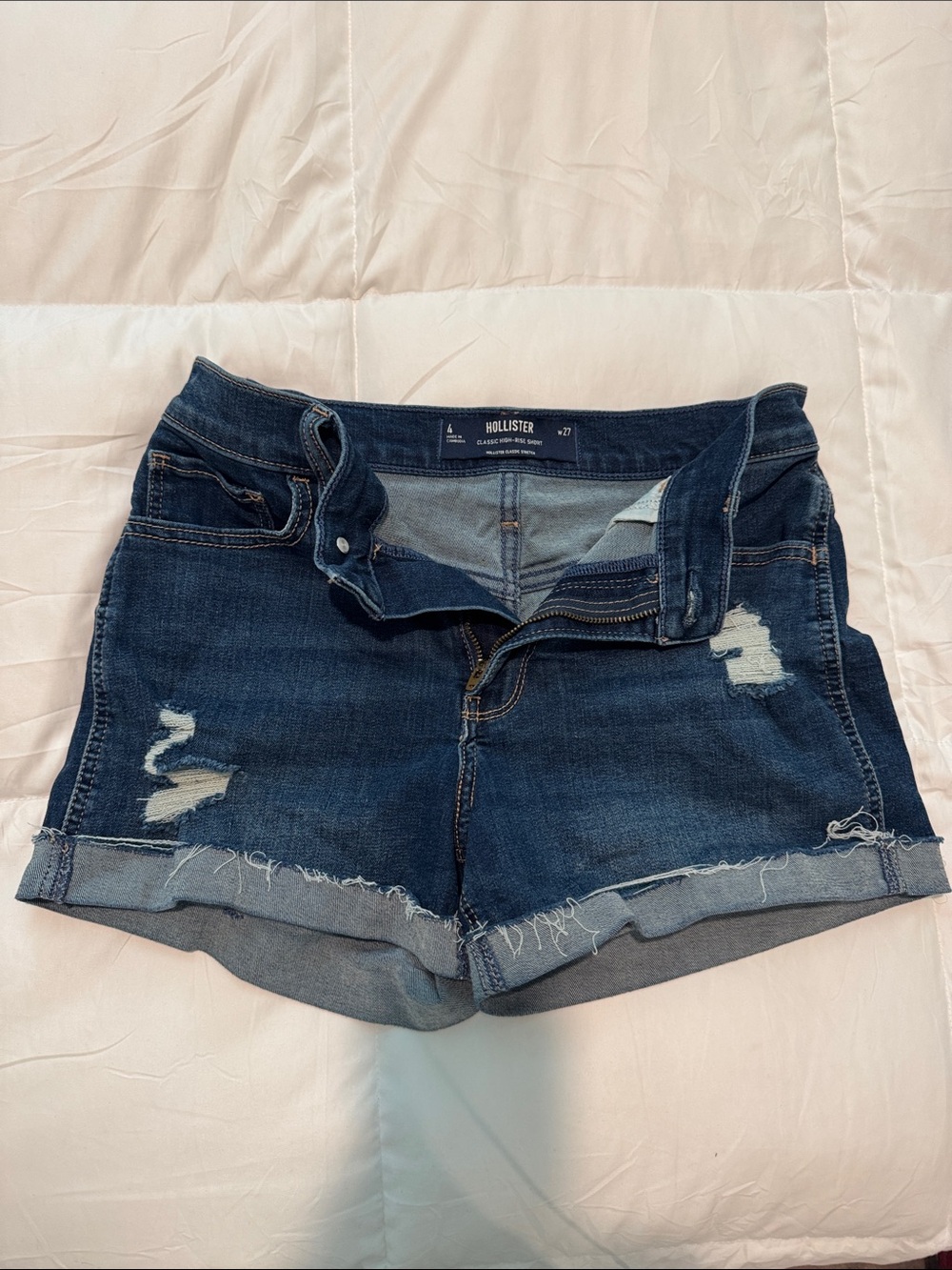 Hollister Indigo Distressed Rolled-Hem Denim Shorts